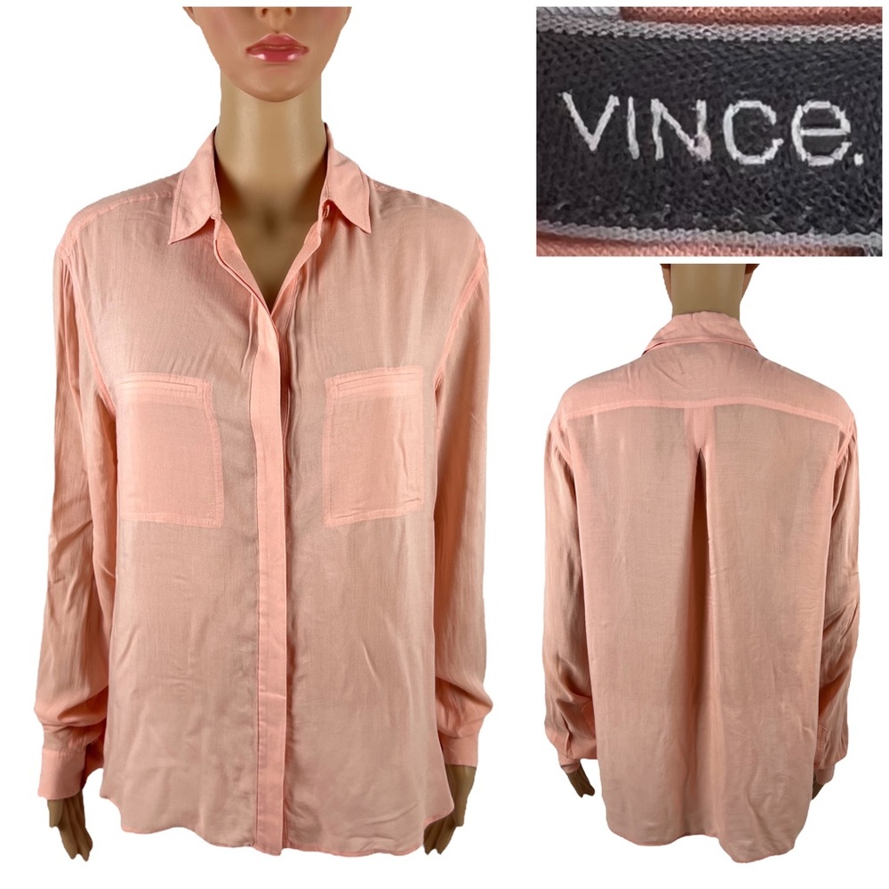 Vince Womens Small Blouse Long Sleeve Thin Fabric Hi Low Button Front Salmon